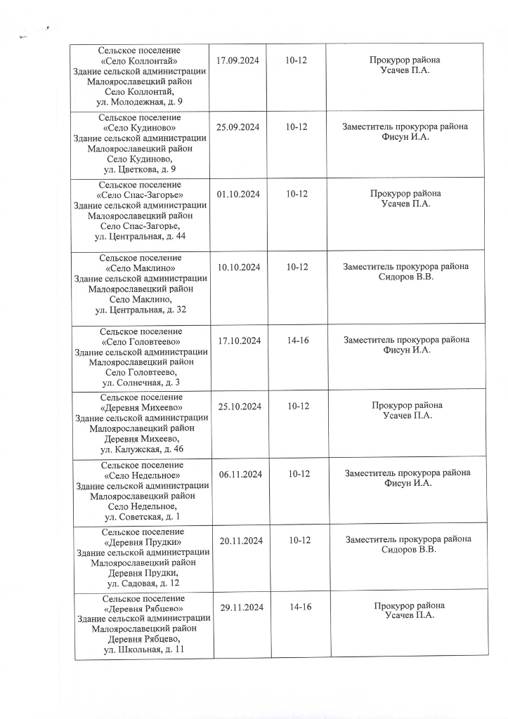 План-график выездов работников прокуратуры Малоярославецкого района в поселения Малоярославецкого района для осуществления приема граждан во 2 полугодии 2024 года